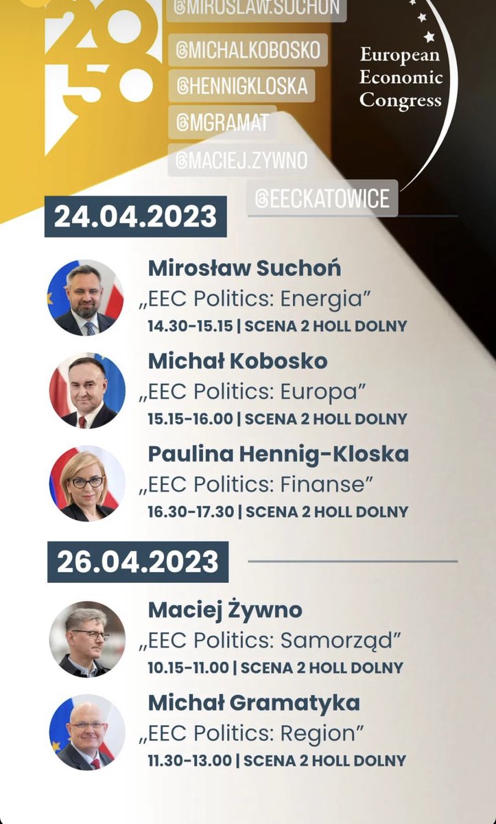 European Economic Congress w Katowicach                                     Debaty  z udziałem @MiroslawSuchon @michalkobosko @hennigkloska @ZywnoMaciej @McGramat @Polska2050 @EECKatowice 
#EEC2023 #Polska2050