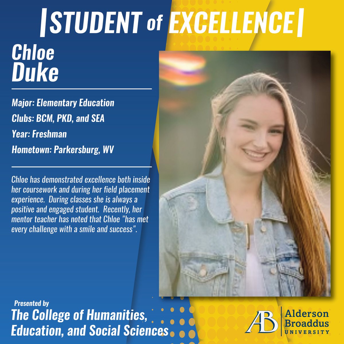 Congratulations to Chloe Duke for being this week's student of excellence from the College of Humanities, Education, and Social Sciences!
#StudentofExcellence #BattlerPride