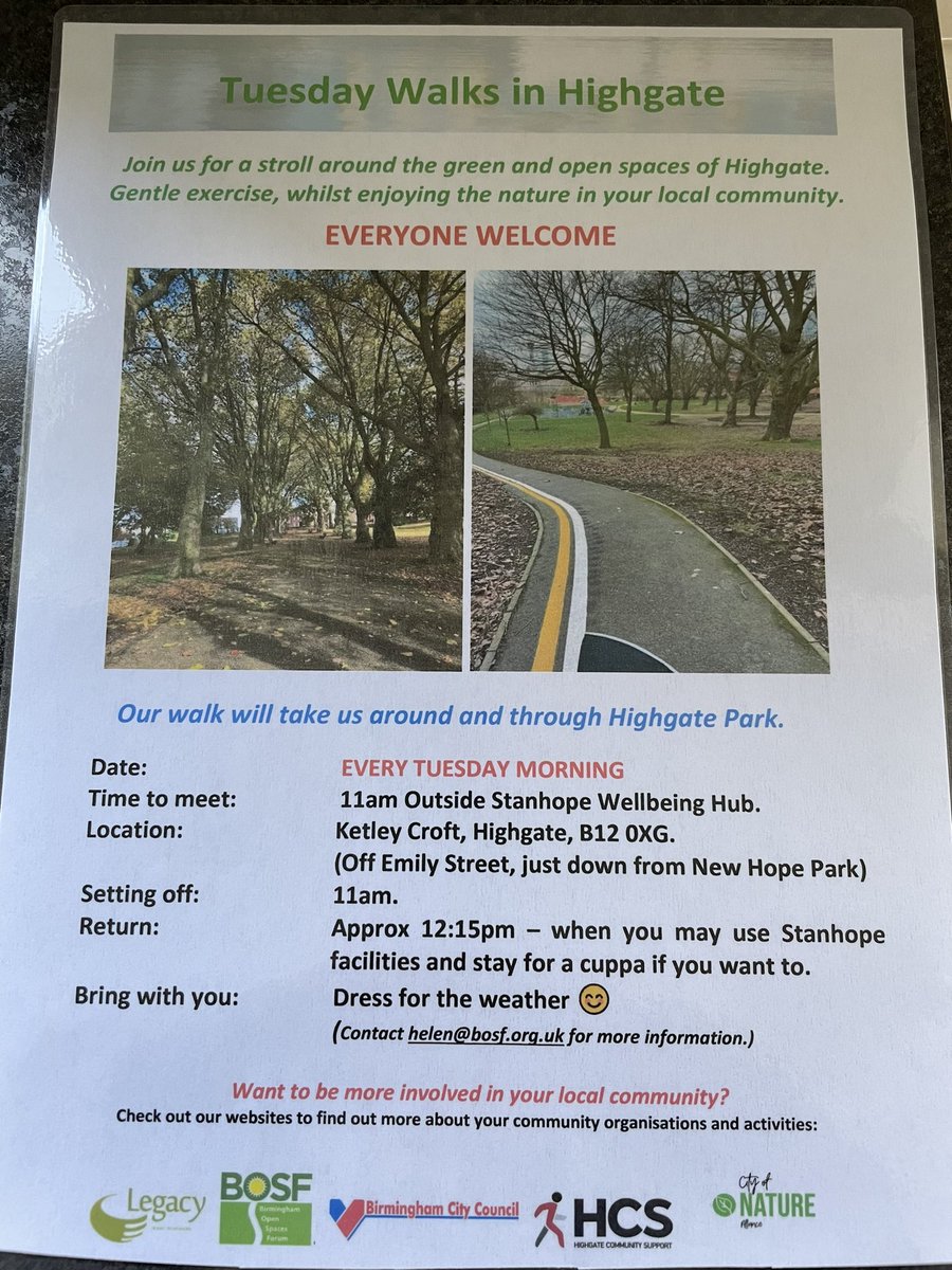 Forecast looking good for a walk around Highgate tomorrow. Meet at Stanhope for 11am.@BOSFonline @LegacyWM1 #lovewhereyoulive #parklife #walk #community @brumirish Might meet up again!