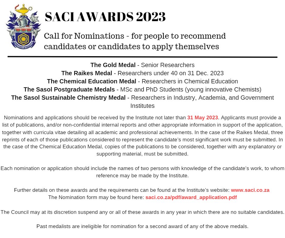 South African Chemical Institute (@saci_chemistry) on Twitter photo Nominations and applications for the 2023 SACI awards are now open! Nominate outstanding chemistry #researchers or encourage them to apply. Submissions must be received by 31 May 2023 via email: saci.chem@wits.ac.za For more information: saci.co.za/pdf/award_appl… #saci #Chemistry Nominations and applications for the 2023 SACI awards are now open! Nominate outstanding chemistry #researchers or encourage them to apply. Submissions must be received by 31 May 2023 via email: saci.chem@wits.ac.za For more information: saci.co.za/pdf/award_appl… #saci #Chemistry