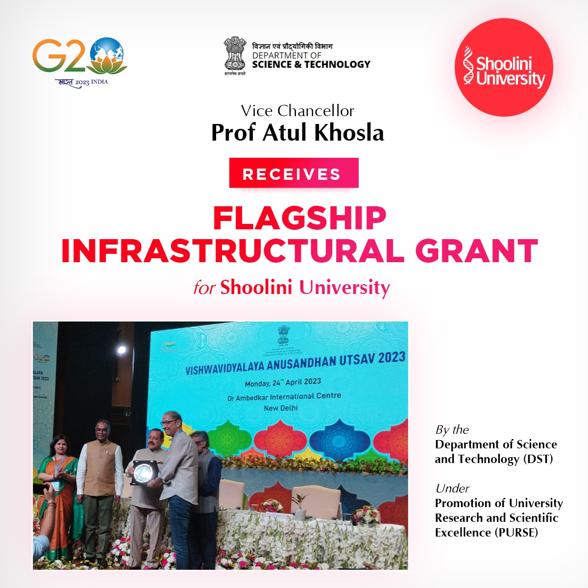 Rs 9 cr Infrastructural Grant for #ShooliniUniversity! ✨
Our Vice Chancellor, Prof Atul Khosla, was present at the prestigious Vishvavidhayala Anusaandhan Utsav 2023, Delhi, to receive the grant.
Congratulations Everyone! 🙏🏼

#researchuniversity #researchgrant #researchers