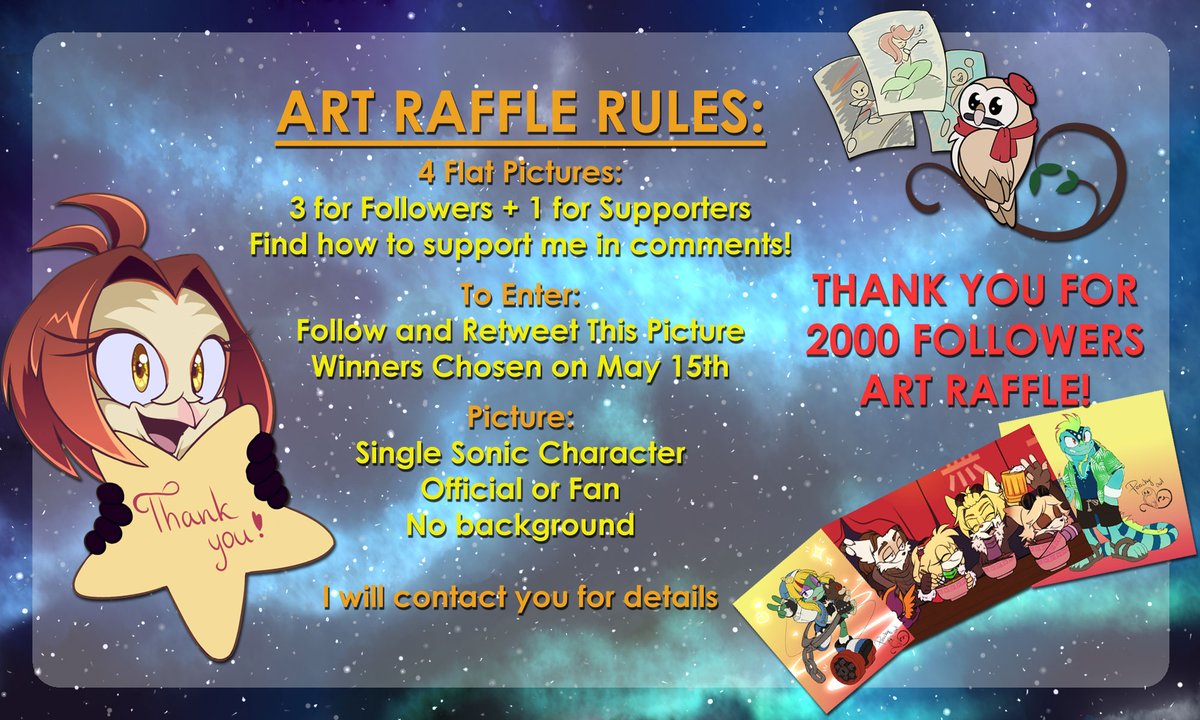 peachy_owl's tweet photo. 🦉❤️ 2000 Follower Raffle!❤️🦉
Thank you all so much! Since we reached another milestone, I wanted to give back for your amazing support!
- Follow+Retweet to participate
- 4 Flat Sonic Pictures (1 for subs)
- Ends on May 15th
Good luck!
#ArtRaffle #SonicTheHedgehog #SonicArtist https://t.co/R1LZ6ca7vm