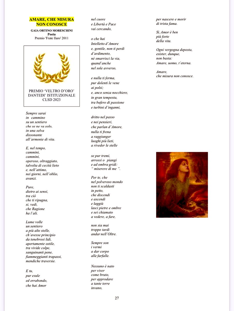 Carissimi tutti,

in dono per voi 
una mia poesia
vincitrice del “Veltro d’oro”
per il Dantedì Istituzionale 2023
indetto dal Centro Lunigianese di Studi Danteschi e pubblicato sul bollettino Lunigiana Dantesca n.194🙏🏻❤️

🌹Gaia serata