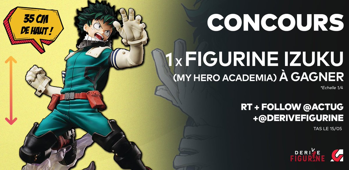 ActuG's tweet photo. #CONCOURS 🎁 : 1 x Figurine My Hero Academia de Izuku Midoriya à gagner 😊

Pour jouer :
💥 #RT ce tweet
💥 Follow @ActuG + @DeriveFigurine
💥 Dis-nous ton perso préféré du manga ⤵️

Echelle 1/4, 35 centimètres de haut. +400€ valeur marchande 😱

Fin le 15/05 #MyHeroAcademia https://t.co/6PYitkxKav