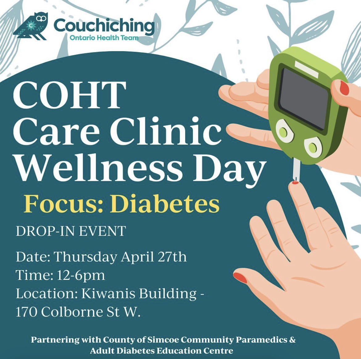 CouchichingOHT's tweet photo. 📅Apr 27! Drop in to our Diabetes Clinic (170 Colborne Street, Orillia) to speak with our Team! Retinal screening will be available for eligible #Diabetes patients from our partners @simcoecountyPS  🩺

📞Call for more ℹ️705.325.2201 x8250 ⬇️🙌

#AccessToCare #PopulationHealth https://t.co/2d1TZ0JczT
