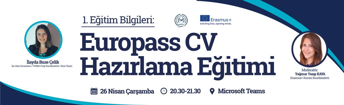 Erasmus Office of Antalya Bilim University (@abu_ipo) on Twitter photo 🗓 26 Nisan Çarşamba günü, 🕟20.30-21.30 saatleri arasında gerçekleşecek "Europass CV Hazırlama Eğitimi” toplantısına hepiniz davetlisiniz. Erasmus staj programından yaralanacak ve yararlanmayı düşünen öğrenciler aşağıdaki linkten formu doldurmalıdır:
forms.office.com/r/02ygvcCWHe 🗓 26 Nisan Çarşamba günü, 🕟20.30-21.30 saatleri arasında gerçekleşecek "Europass CV Hazırlama Eğitimi” toplantısına hepiniz davetlisiniz. Erasmus staj programından yaralanacak ve yararlanmayı düşünen öğrenciler aşağıdaki linkten formu doldurmalıdır:
forms.office.com/r/02ygvcCWHe