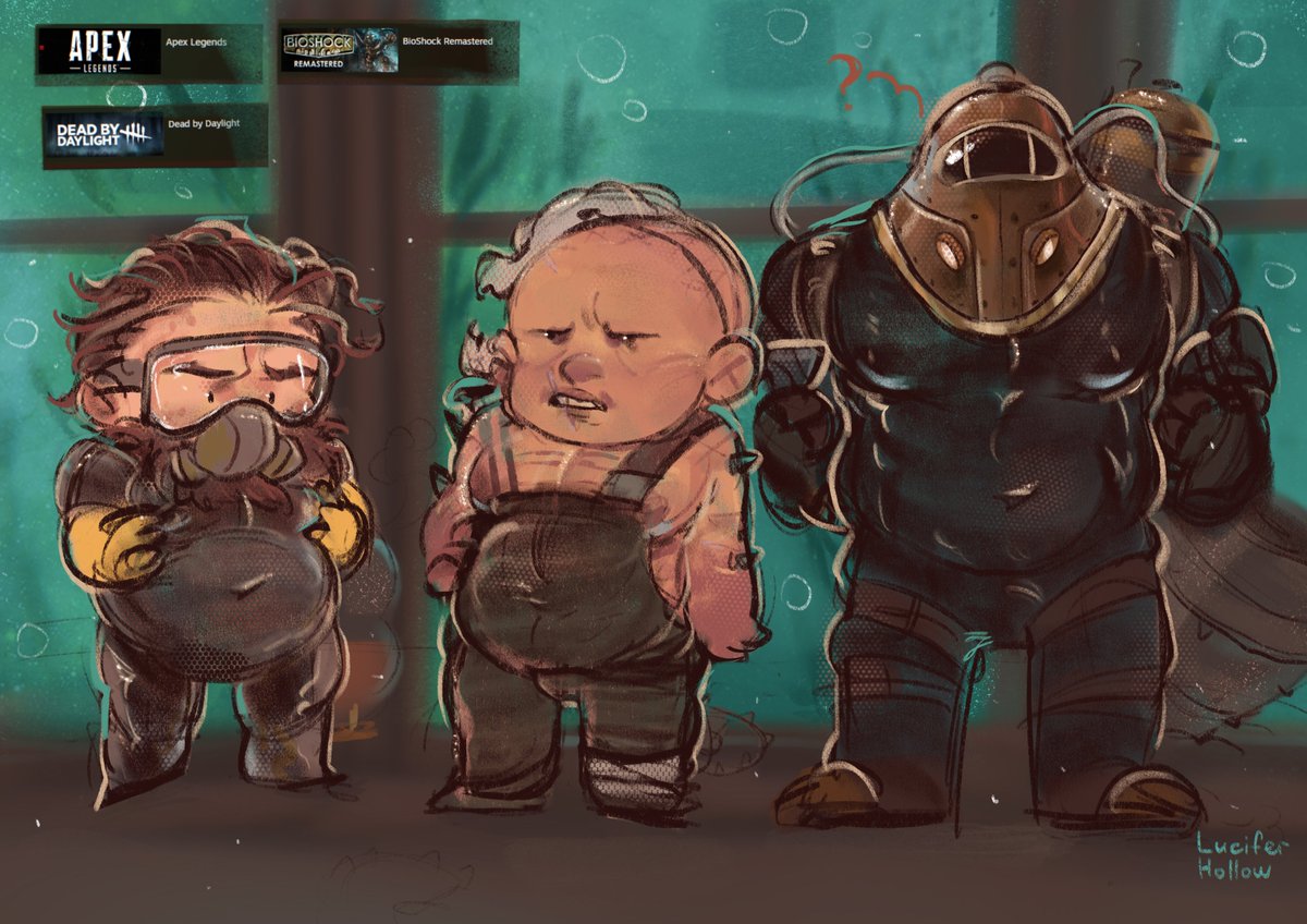 luciferhollow's tweet photo. Challenge: Draw characters from the last three games you played 
Three Big Daddies😌🥰
#deadbydaylight #ApexLegends #BioShock #evanmacmillan #alexandernox #SubjectDelta https://t.co/PhCzigPmzg