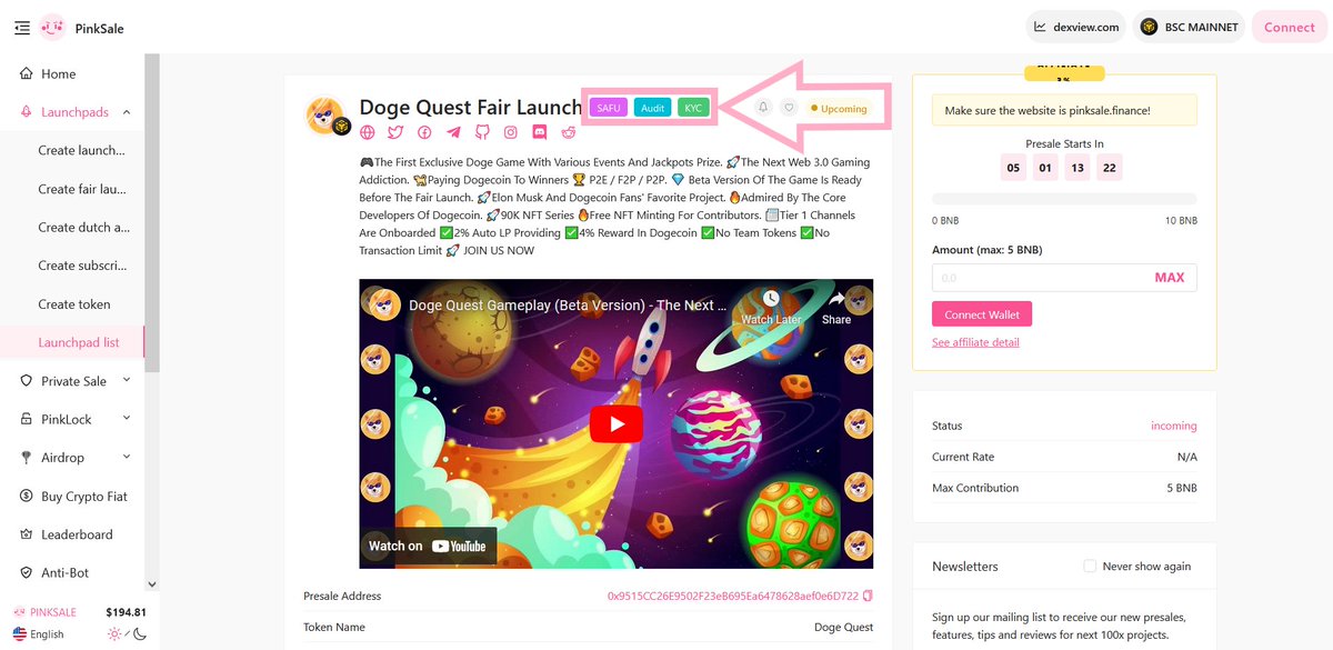 👉Congratulations to the Doge Quest team for fulfilling the requirements and receiving the #Pinksale #Safu badge.

🔥 The Safu badge requires a #Pinksale trusted developer to control the contract for the first 14 days.

🚀 Check them out below: 

pinksale.finance/launchpad/0x95…

#BSC