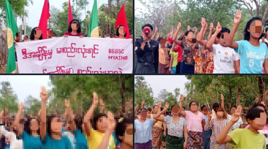 BunnyAliceei's tweet photo. The Basic Education General Strike Committee &amp; residents of Myaing township united to express solidarity against terrorists regime today.  #2023Apr24Coup #WhatsHappeningInMyanmar #AcceptNUGRejectMilitary https://t.co/xRSst71YBd