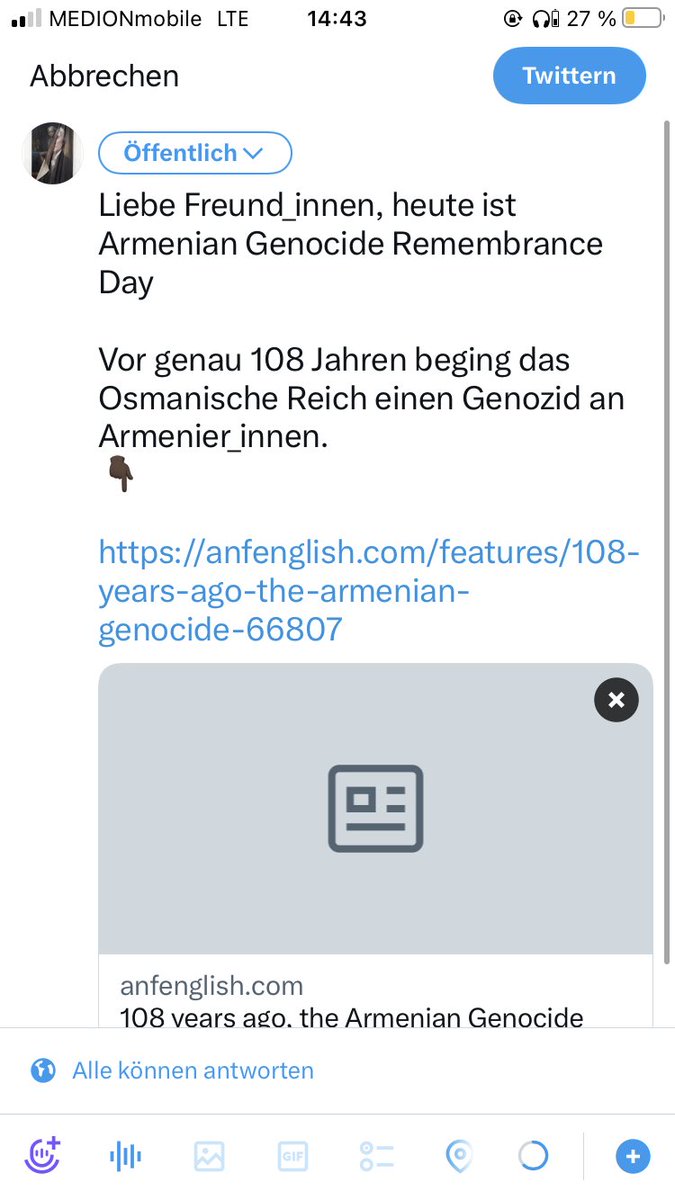 Friendly reminder das heute Armenian Genocide Remembrance Day ist: vor genau 108 Jahren beging das Osmanische Reich einen Genozid an Armenier_innen.

Den Link von Anfenglish kann ich leider nicht tweeten.