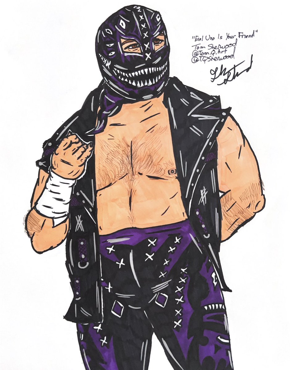 TQSherwood's tweet image. “Evil Uno Is Your Friend.” My newest drawing today celebrates @EvilUno! A huge weekend of wrestling coming up in Ottawa/Gatineau with @C4Wrestling @Lutte07 and @MysteryWrestlin all running, with Evil Uno guiding the chaos! #fanart #eviluno #darkorder #wrestlingart #AEW