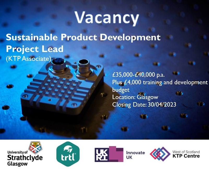 #Recruiting now! We have a fantastic opportunity for a Sustainable Product Development Project Lead #KTP Associate to work with <a href="/TrtlTravel/">Trtl</a> and
<a href="/UniStrathclyde/">University of Strathclyde</a> on a 24 month project. The position will be based in Glasgow.

<a href="/innovateuk/">Innovate UK</a>
@KTNUK
@ktn_ktp

#job #vacancy #opportunity