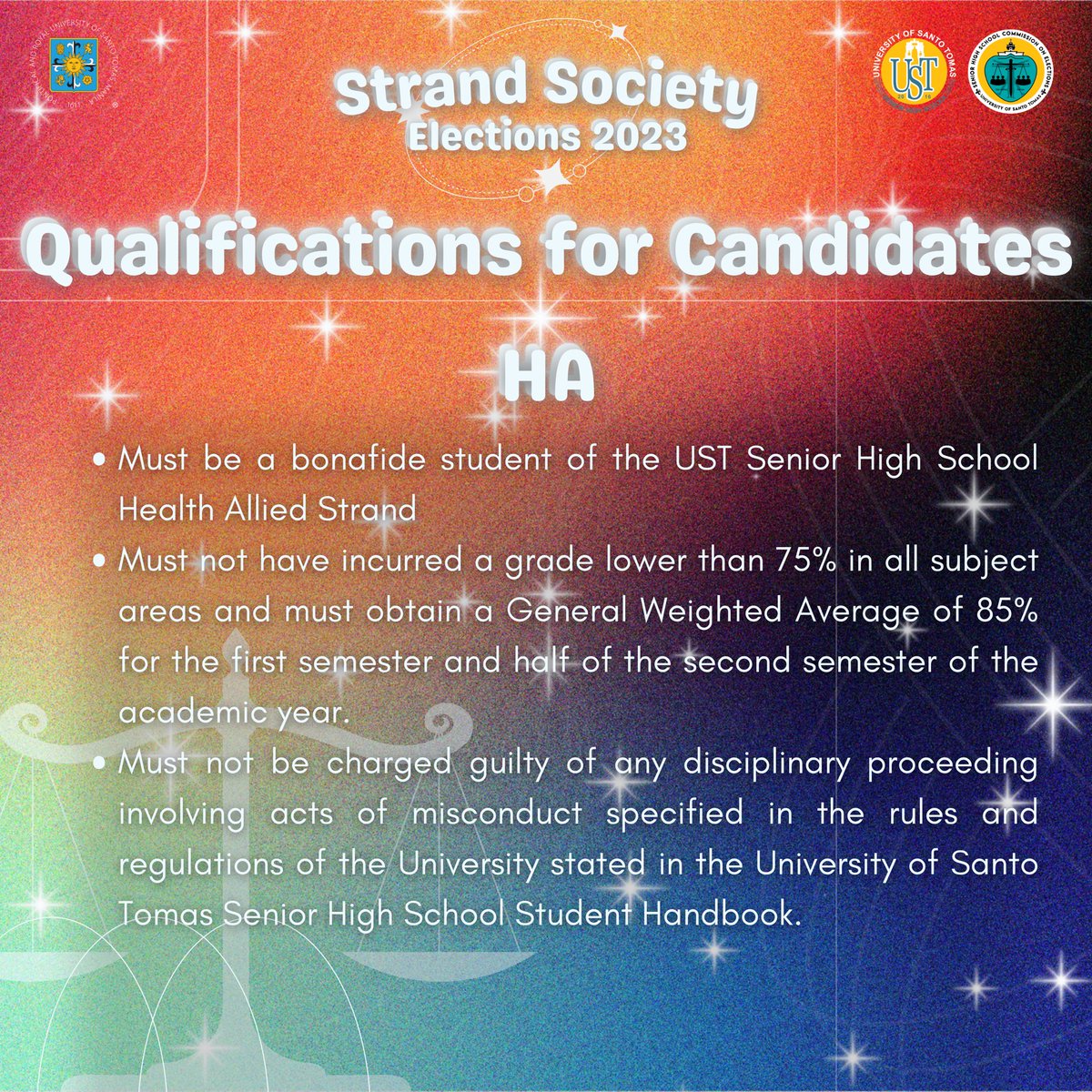 ustshscomelec's tweet image. 🗣️ Candidates, is there a position you have in mind?

🗂️ The Filing of Certificate of Candidacy Requirements and Qualifications for the UST SHS Strand Society Elections 2023 is now available!

#USTEleksyon
#USTSHSHalalan2023
#USTHalalan2023
#STRANDSOCS
#USTSHSCOMELEC

(1/4)