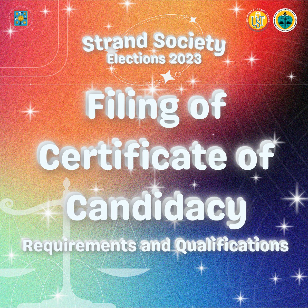 ustshscomelec's tweet image. 🗣️ Candidates, is there a position you have in mind?

🗂️ The Filing of Certificate of Candidacy Requirements and Qualifications for the UST SHS Strand Society Elections 2023 is now available!

#USTEleksyon
#USTSHSHalalan2023
#USTHalalan2023
#STRANDSOCS
#USTSHSCOMELEC

(1/4)
