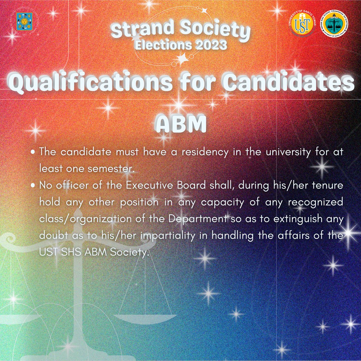 ustshscomelec's tweet image. 🗣️ Candidates, is there a position you have in mind?

🗂️ The Filing of Certificate of Candidacy Requirements and Qualifications for the UST SHS Strand Society Elections 2023 is now available!

#USTEleksyon
#USTSHSHalalan2023
#USTHalalan2023
#STRANDSOCS
#USTSHSCOMELEC

(1/4)