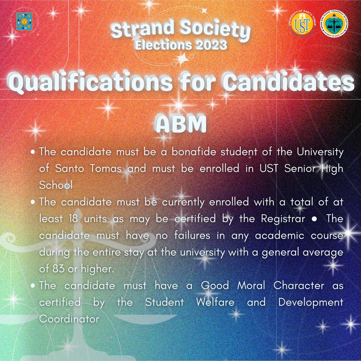 ustshscomelec's tweet image. 🗣️ Candidates, is there a position you have in mind?

🗂️ The Filing of Certificate of Candidacy Requirements and Qualifications for the UST SHS Strand Society Elections 2023 is now available!

#USTEleksyon
#USTSHSHalalan2023
#USTHalalan2023
#STRANDSOCS
#USTSHSCOMELEC

(1/4)
