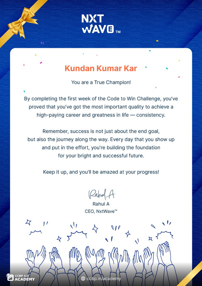 kundankar2023's tweet image. Completed my Week 1 of #codetowinchallenge @rahulattuluri   @sashankreddy07  @nxtwave_tech #ccbp #nxtwave