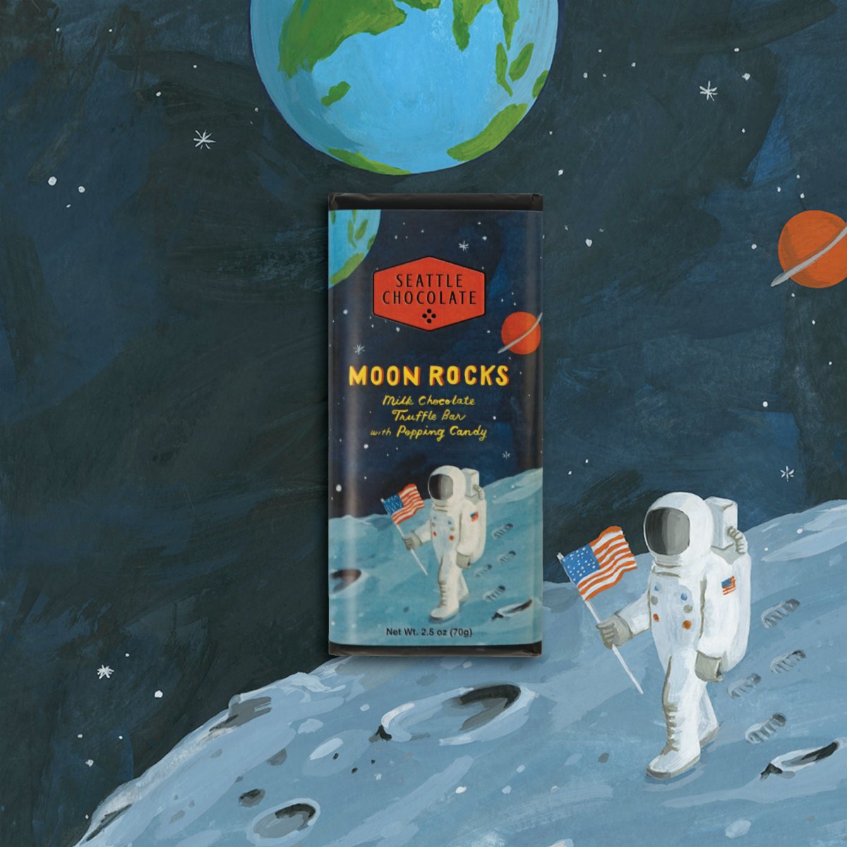 lillarogers's tweet photo. Jessica Allen's (@jessicaallen_illustration) out-of-this-world art for the packaging of Seattle Chocolate's (@seattlechoc) Moon Rocks chocolate bar.
#jessicaallen #lillarogers #lillarogersstudio #art #illustration #artagent #seattlechoc #advertising #packaging https://t.co/l6bOnoV78O