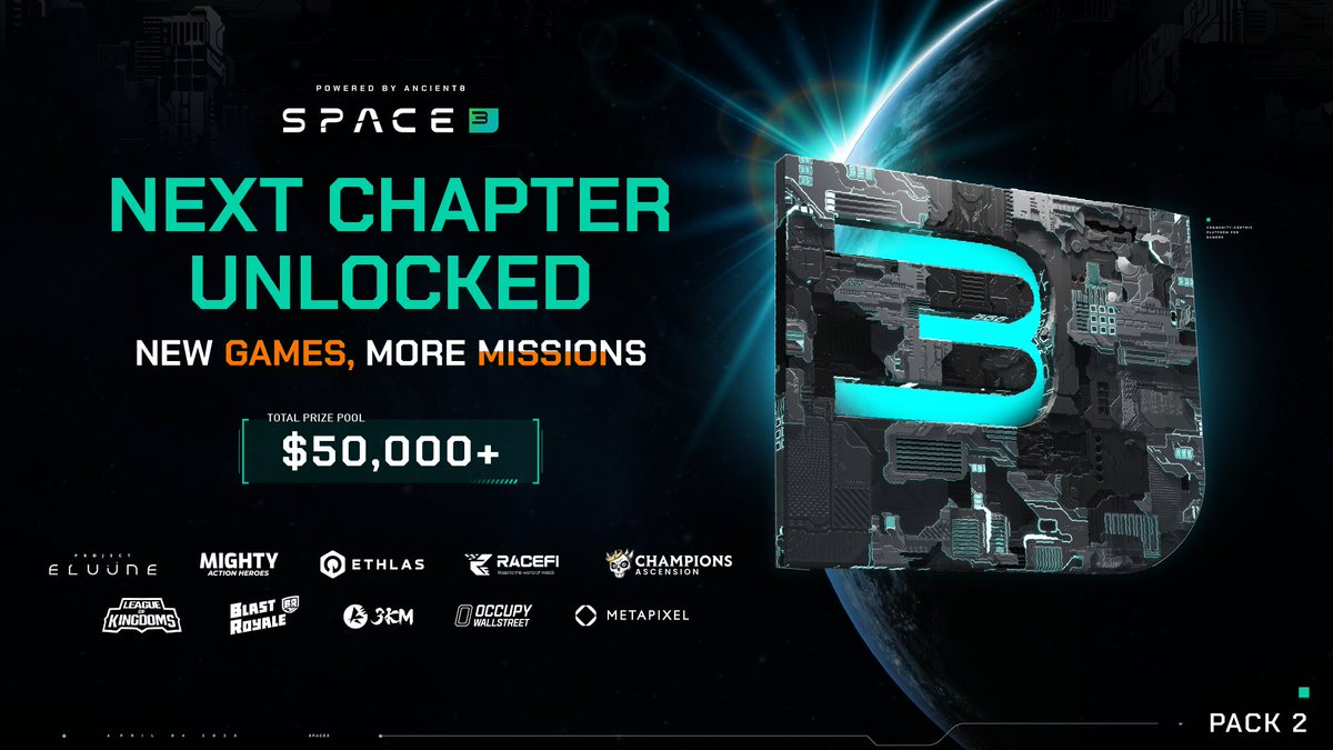 Space3_gg's tweet photo. 🚨 Calling all gamers! 🚨 It's time to raise the stakes with PACK 2: Next Chapter Unlocked with even more excitement. 😱 $50K prize pool up for grabs, there's never been a better time to join the action! 

Get ready to unlock a whole new galaxy of games and rewards! 🚀🌟 https://t.co/QxQNDzC53f