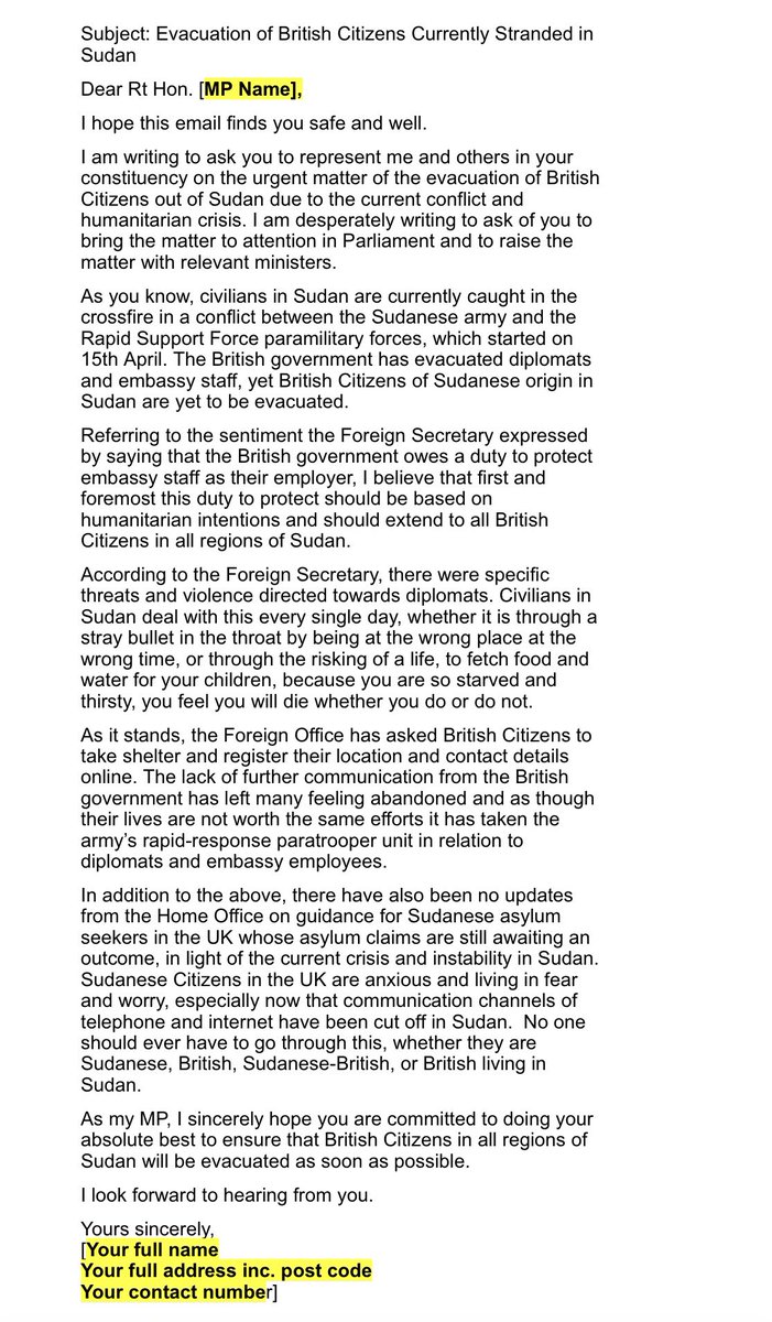mazzaa_b's tweet photo. UK Sudanese - Here’s a draft letter / email you can send to your MP regarding evacuation of Sudanese-British Citizens currently stuck in Sudan.

Please copy + paste  and feel free to edit as you see fit 

#لا_للحرب_في_السودان
#لا_للحرب 
#EyesOnSudan

 https://t.co/bds2X3R2la https://t.co/naUe6QHYRr