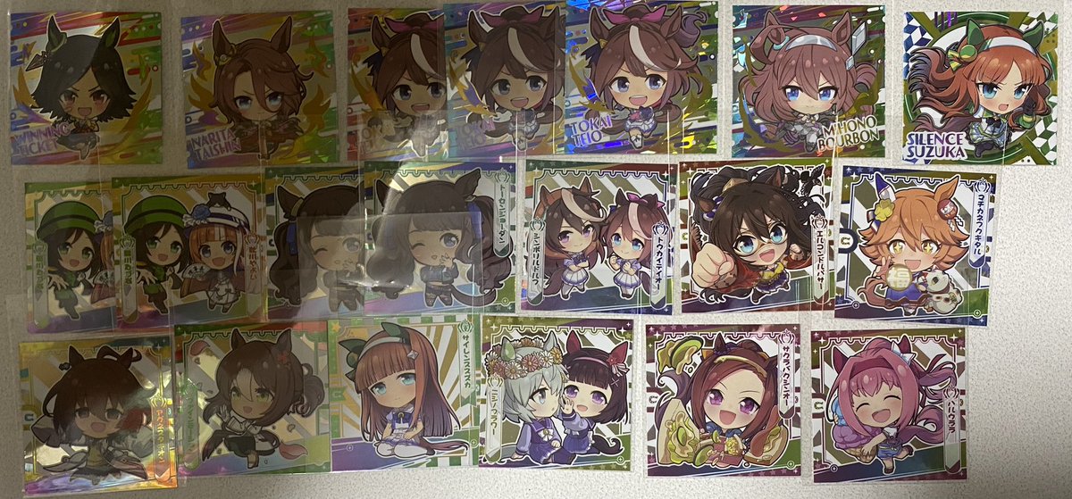 tooa00's tweet photo. 【交換】ウマ娘 プリティーダービー グミ Vol.4 メタリック シール

譲→画像参照（2枚目は過去弾）
求→Vol.4ナリタブライアン&amp;ビワハヤヒデ、シークレット＞BNW、ミスターシービー、サクラチヨノオー&amp;カレンチャン、ヤエノムテキ

郵送は2枚〜。
RはRかシクレとのみ、★は優先のものとの交換希望です https://t.co/JDsnadTn3H