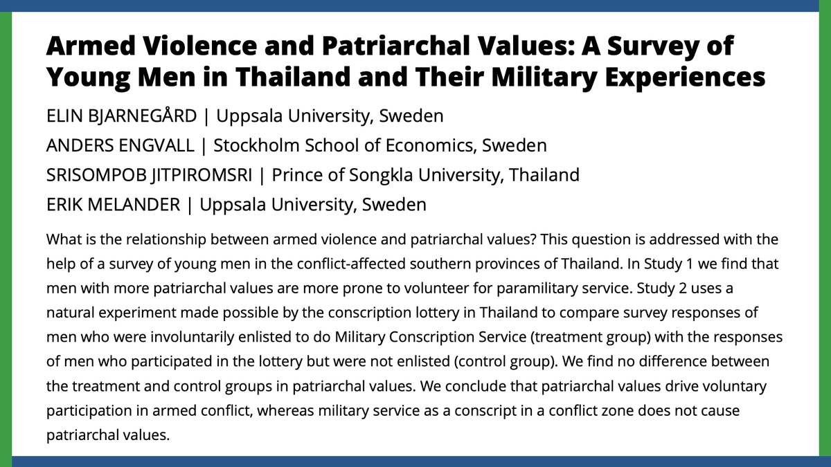 American Political Science Review (@apsrjournal) on Twitter photo What is the relationship between patriarchal values and armed conflict? <a href="/elinbja/">Elin Bjarnegård</a>, Anders Engvall, Srisompob Jitpiromsri, & <a href="/melander_erik/">Erik Melander</a> find patriarchal values drive voluntary participation in armed conflict.
#APSRNewIssue
#OpenAccess
#PoliSciResearch
ow.ly/YH3N50NPsaI What is the relationship between patriarchal values and armed conflict? <a href="/elinbja/">Elin Bjarnegård</a>, Anders Engvall, Srisompob Jitpiromsri, & <a href="/melander_erik/">Erik Melander</a> find patriarchal values drive voluntary participation in armed conflict.
#APSRNewIssue
#OpenAccess
#PoliSciResearch
ow.ly/YH3N50NPsaI