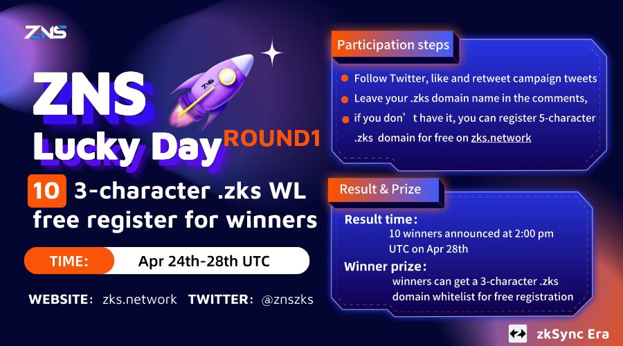 znszks's tweet photo. 🎯 ZNS Lucky Day ROUND1 🎯
ZNS Lucky Day ROUND 1, 10 winners will be selected, and each will be rewarded with a 3-character . zks domian free registration whitelist!
To Enter: 👇
1️⃣ follow @znszks
2️⃣ ❤️ + RT
3️⃣ Comment your .zks domain &amp; address
⏳ Ends: 1pm utc ,28th, April 2023 https://t.co/413nDiplUg