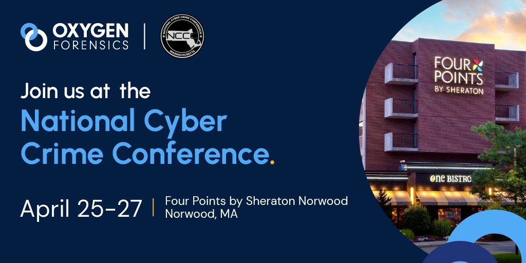 oxygenforensic's tweet photo. We will be at the National Cyber Crime Conference in Norwood, Massachusetts tomorrow through Thursday.

Come see us for advice from our experts, giveaways, and more. We hope to see you there.

For more information, visit: https://t.co/XuKOj8vHIV
#NCCC https://t.co/bFvQkxooRX