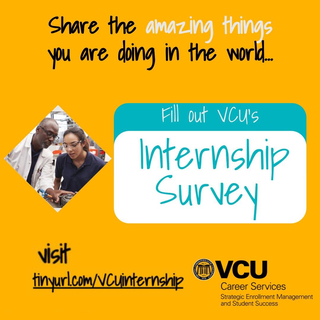 VCUCareers's tweet photo. We want to know more about the specific kind of experiences you are having so that we can support you in your next steps. Please take 3-5 minutes to complete the new VCU Student Internship Survey in Handshake. The survey closes April 28th.
#VCUCareers #Internship #HandshakeAtVCU https://t.co/64HUUUnDOC