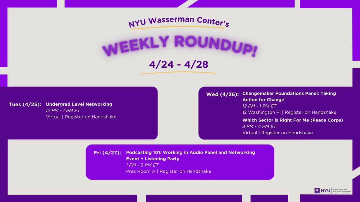 Hopefully, things will begin to wind down as the end of the semester approaches. Take some time to check out our array of events on Handshake and register for these events and more!