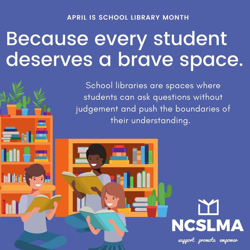 NCSLMA's tweet photo. On this Mon. of National Library Week, we celebrate our school librarians. We pride ourselves on providing access for all. Many students ask us things they don't feel comfortable asking others. NCSLMA is honored to Support, Promote, &amp; Empower School Librarians across NC. #ncslma https://t.co/D0bKbTRRea