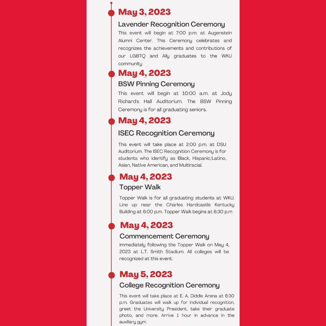 Seniors, Graduation is fast approaching! Don't forget the dates of upcoming graduation ceremonies starting WEDNESDAY of THIS week.
#WKUSocialWork #WKU #SocialWork #WeAreCHHS