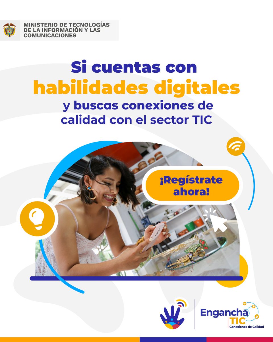 ANDigital_Col's tweet photo. 🚨 ¡Es una realidad! Ya puedes unirte a 🌐 #EnganchaTIC, estrategia liderada desde el @Ministerio_TIC que busca destacar el talento TI formado en el país y conectarlo con las oportunidades del mercado laboral.   ¿Qué esperas? Regístrate ya📲: https://t.co/SN0lfoc0Mb https://t.co/0Xe272ssjH