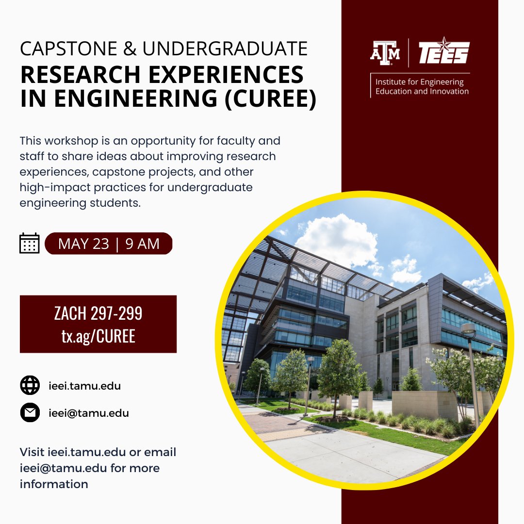 Are you an engineering educator looking to enhance your students' learning through research experiences? Join us for a discussion on best practices in undergraduate research.
#CUREE #EngineeringEducation #TAMU #CapstoneProjects