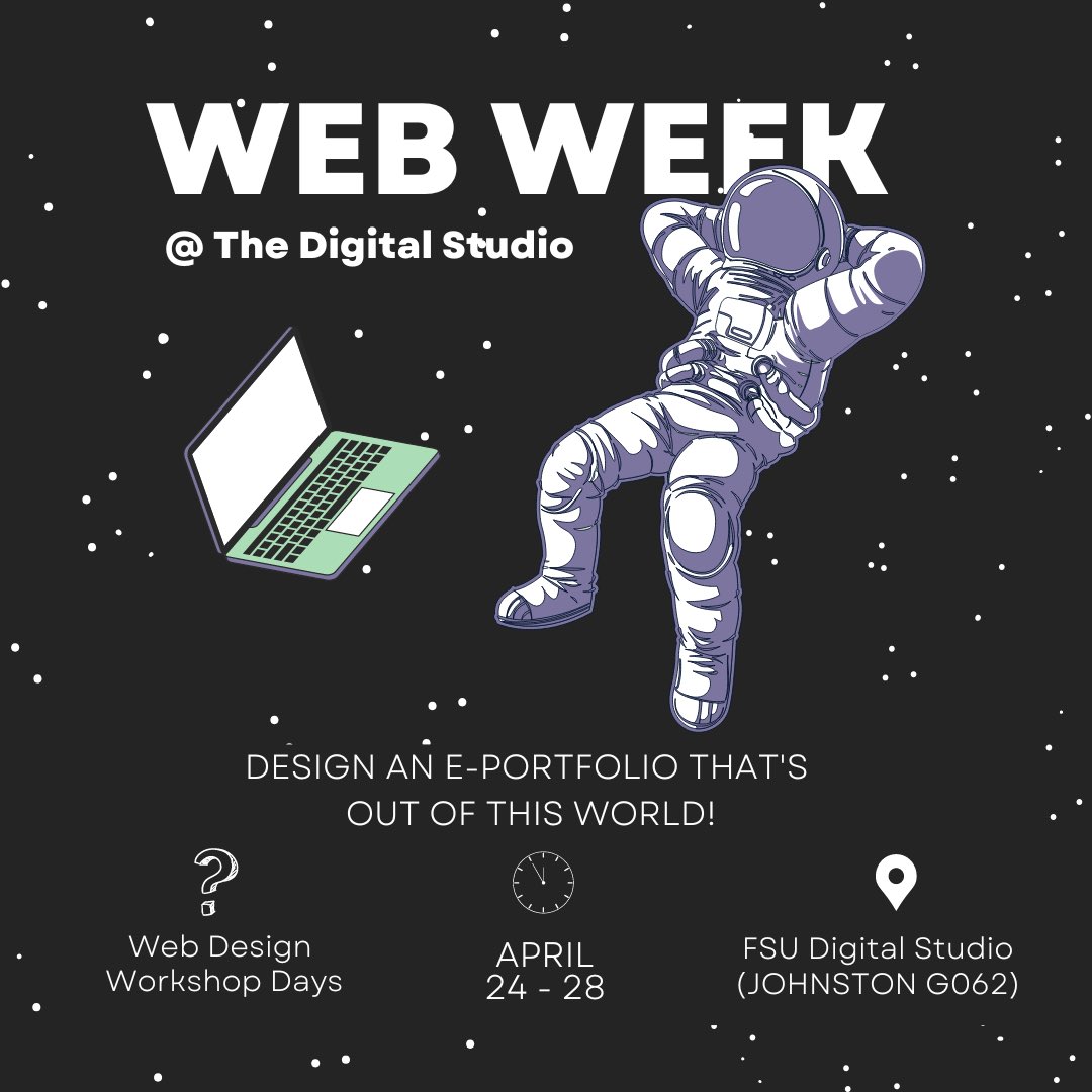 It’s Web Week, everyone! ✨During this week, April 24-28, we’ll be hosting web design workshops for all FSU students! Come on by for help with Eportfolios and more!👩‍💻 #Digital #FSU #FSUEnglish #Writingcenter #Digitalstudio