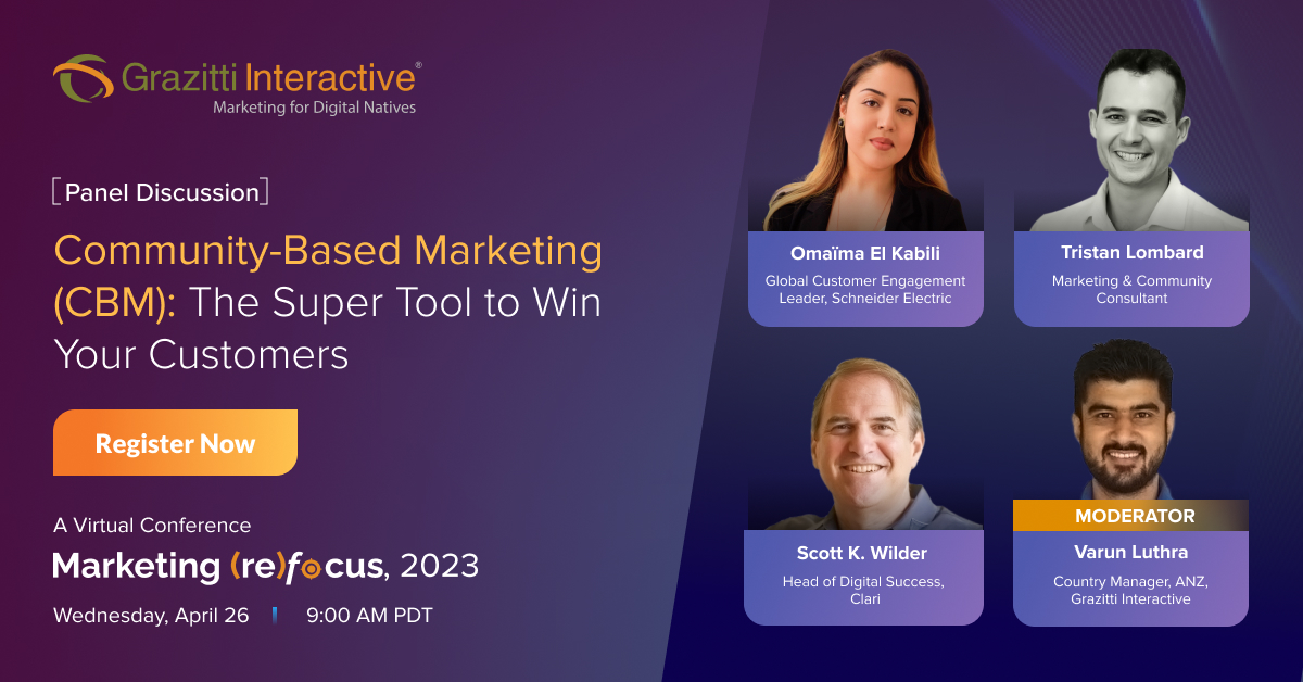 Grazitti Interactive (@grazitti) on Twitter photo Join OmaΓ―ma El Kabili, Tristan Lombard, Scott K. Wilder, & Varun Luthra in a panel discussion on Community-Based Marketing (CBM): The Super Tool to Win Your Customers at Marketing (re)Focus 2023.
π rb.gy/xo89w π
#marketingrefocus #marketing #b2bmarketing #grazitti Join OmaΓ―ma El Kabili, Tristan Lombard, Scott K. Wilder, & Varun Luthra in a panel discussion on Community-Based Marketing (CBM): The Super Tool to Win Your Customers at Marketing (re)Focus 2023.
π rb.gy/xo89w π
#marketingrefocus #marketing #b2bmarketing #grazitti