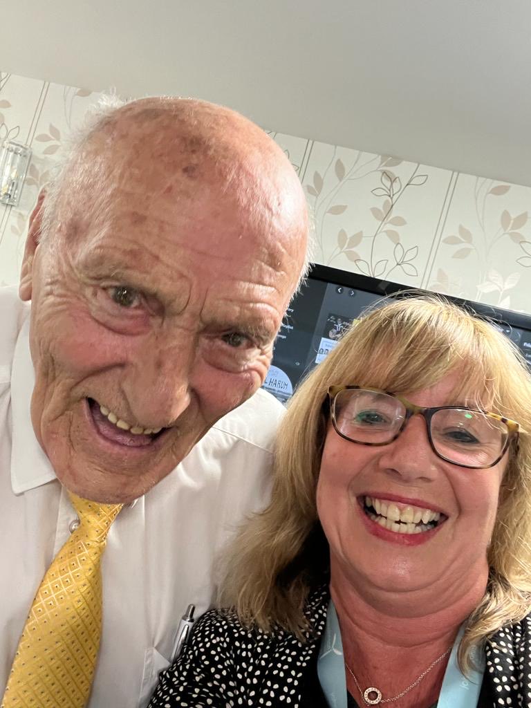 I was so pleased to see Tessa today, celebrating her 103rd birthday. Thank you to Frank (pic below) who served in the Royal Air Force (RAF) for his Spotify list so that our residents could dance the afternoon and evening away ! So proud of the team ⁦@JJHousingTrust⁩