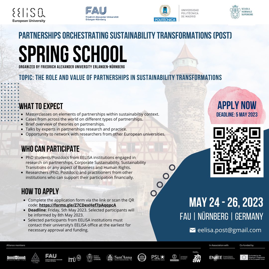 📣 Very proud to share the #CallForApplications for a #SpringSchool on #partnerships for #sustainability #transformations organised by <a href="/UniFAU/">FAU Erlangen-Nbg</a> from 24-26 May 2023 in #Nürnberg under POST - an #EELISA funded project. To apply, visit - shorturl.at/dfFO0. Deadline: 5th May ‘23