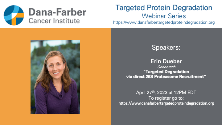 Don't miss the TPD seminar on 4/27 at 12 pm EDT featuring Dr. Erin Dueber @genentech, who will present on 'Targeted Degradation via Direct 26S Proteasome Recruitment.' 

Please be aware that this seminar won't be recorded, so join us live!