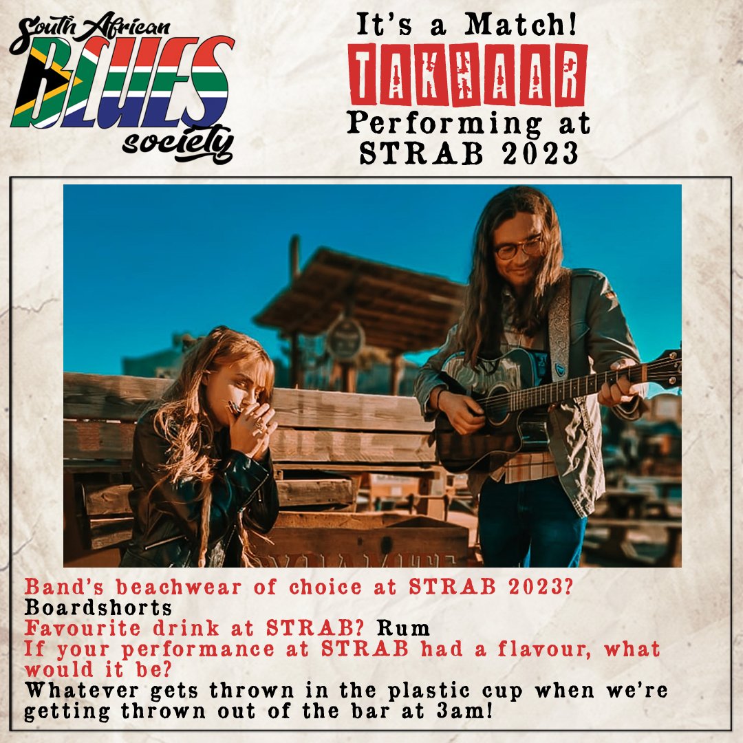 Our rocking STRAB 2023 partner South African Blues Society is heating up the stage even more, with this next fine duo:

Takhaar

The stage talent is bursting at the seams already. Make sure you get in on this action! Tickets ---> strab.co.za

#STRAB2023 ##STRABfest