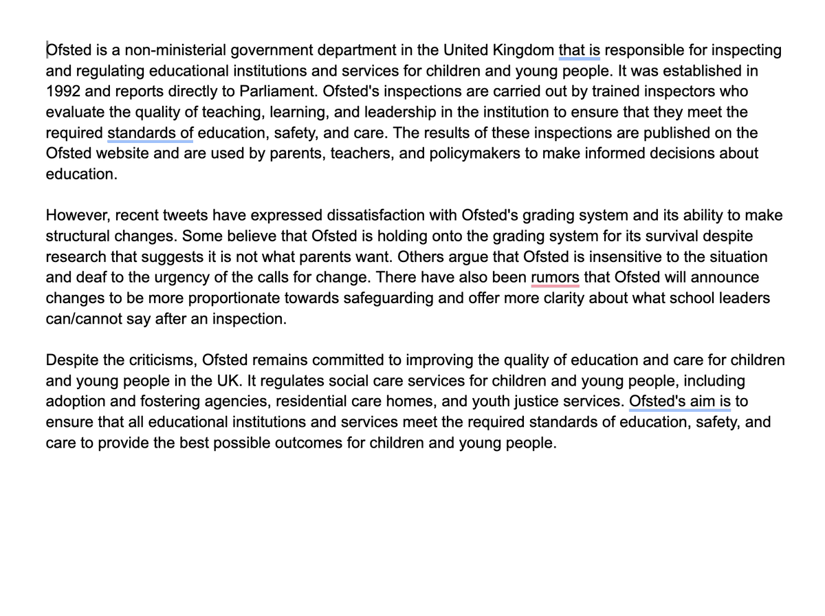 TeacherToolkit's tweet photo. Goodness!
I've just used a free #ChatGPT service to summarise the last 500 tweets I've published about Ofsted, and place them into a Google Doc.
With a little more refinement (on input), this could save HOURS of EdD research ...
#EdDchat #NetworkAnalysis https://t.co/jvEC9OK8CT