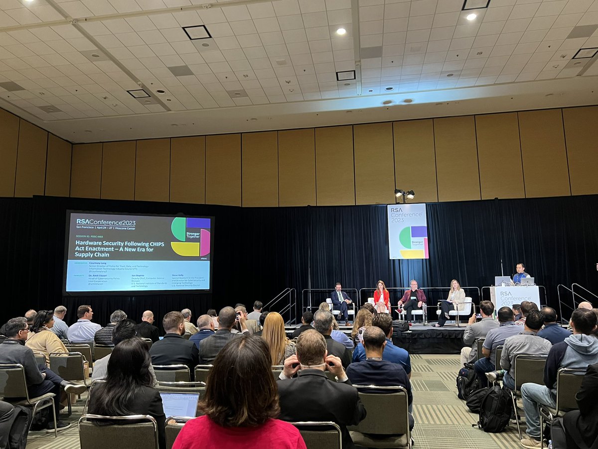 Krewell's tweet image. Hardware security in light of the CHIPS Act. @Intel,  NIST,  National Security Council #rsa2023 #RSAC
