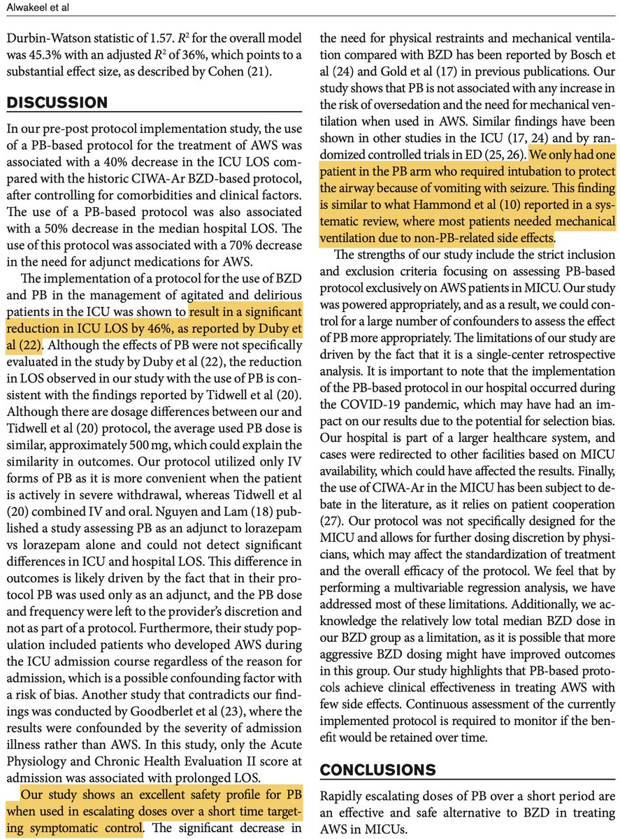 pre-post implementation study demonstrates benefits from phenobarbital monotherapy for EtOH withdrawal:
🍻reduced intubation rate
🍻reduced hospital &amp; ICU length of stay
🍻reduced physical restraint
🍻reduced need for additional medications
(tinyurl.com/2um86a3x)