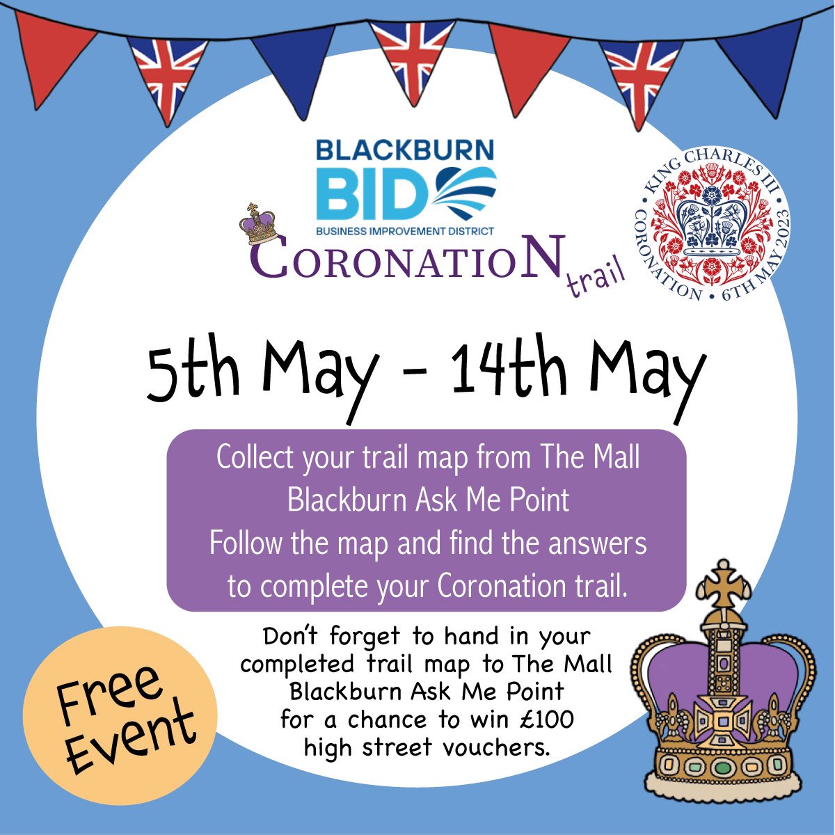 We’re getting an extra bank holiday for the Coronation! Check out the right Royal Trail we designed for 5 towns across the UK #towntrail #Coronation <a href="/TheBIDdirectory/">The BID DIrectory</a> <a href="/BritishBIDs/">British BIDs</a> <a href="/invbizco/">We Are Inverurie - BID</a> <a href="/SidcupPartners/">Sidcup Partners BID</a> <a href="/Blackburn_BID/">Blackburn BID</a> <a href="/BedfordTweets/">Bedford Borough Council</a> <a href="/HelloMyWycombe/">HWBIDCo</a>