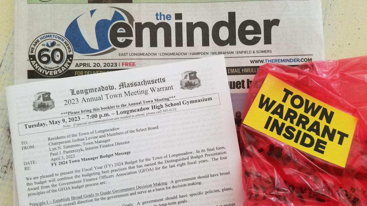 TownModerator's tweet image. The @LongmeadowMA Annual Town Meeting warrant is arriving via @TheReminderMA! Longmeadow&apos;s #TownMeeting is May 9, 2023 at 7:00pm in the Longmeadow High School. 
Online copies are here: longmeadowma.gov/283/Town-Meeti…