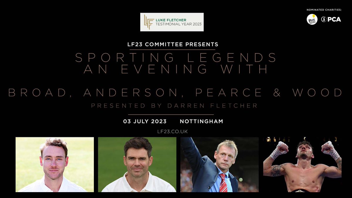 Luke Fletcher Testimonial (@lf23testimonial) on Twitter photo Join us for a very special evening as we celebrate some of sports greatness. In support of LF23 we give you “an evening with <a href="/StuartBroad8/">Stuart Broad</a> <a href="/jimmy9/">James Anderson</a> Stuart Pearce <a href="/itsLeighWood/">Leigh Wood</a>
lf23.co.uk/shop/p/an-even… Join us for a very special evening as we celebrate some of sports greatness. In support of LF23 we give you “an evening with <a href="/StuartBroad8/">Stuart Broad</a> <a href="/jimmy9/">James Anderson</a> Stuart Pearce <a href="/itsLeighWood/">Leigh Wood</a>
lf23.co.uk/shop/p/an-even…