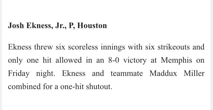 Cougars RHP <a href="/JoshEkness/">Josh Ekness</a> makes the Honor Roll in the <a href="/American_BSB/">American Baseball</a> Weekly Awards list. #GoCoogs #M64