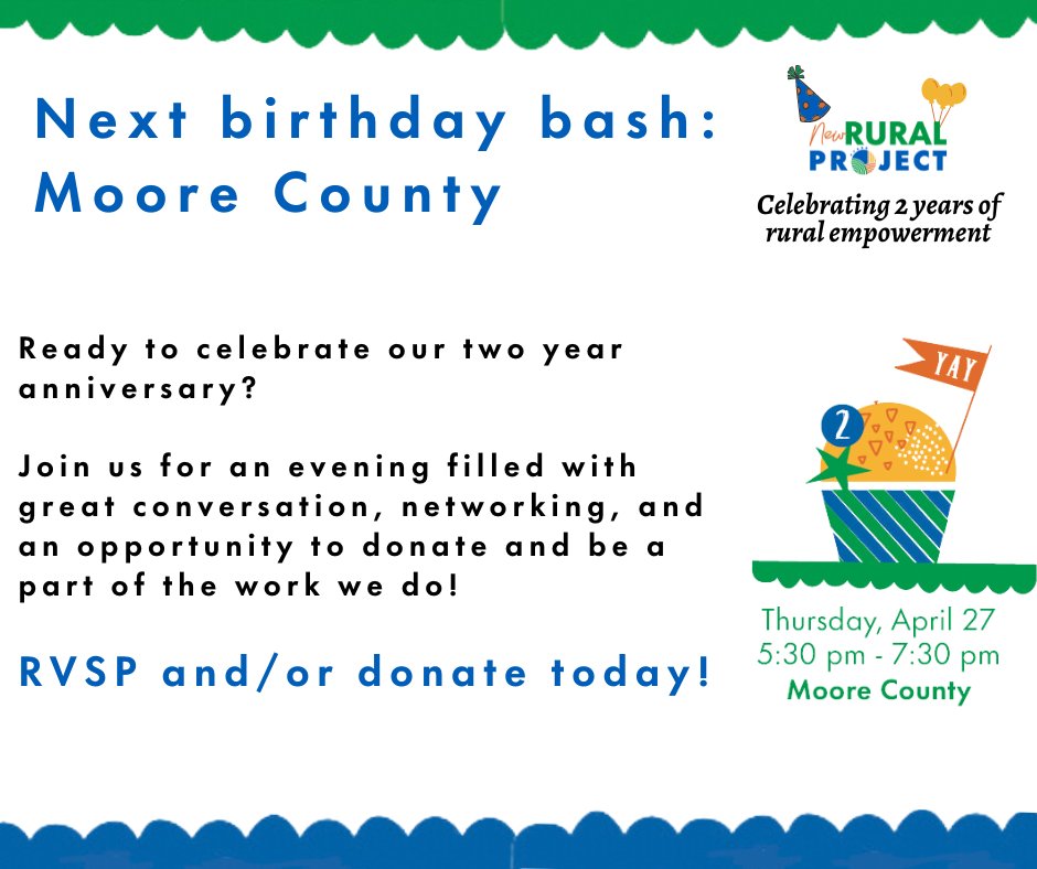 Did you miss our #MecklenburgCounty birthday bash? Make sure to attend our #MooreCounty birthday bash this Thursday, April 27th! 🎉🎁🥳

Register and donate today!
bit.ly/3H9H1OX