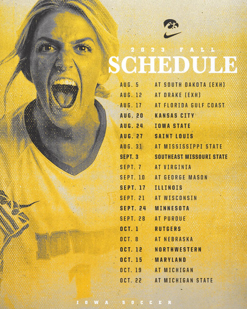 HawkeyeSoccer's tweet photo. 𝙁𝙖𝙡𝙡 𝙎𝙘𝙝𝙚𝙙𝙪𝙡𝙚 🔥⚽️

Join us for nine home games at the Iowa Soccer Complex this season! 

Details » https://t.co/V7Fto5R0dD

#Hawkeyes x #FightForIowa https://t.co/Mc5wPvOILJ