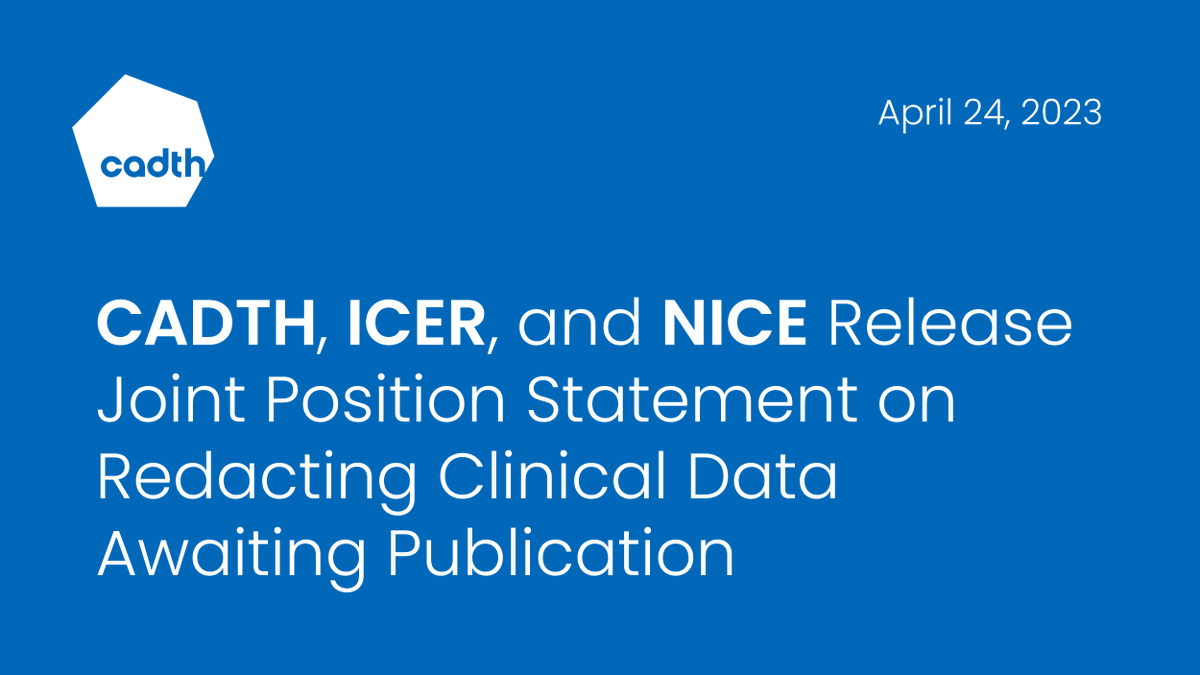 CDA_AMC's tweet photo. Today, CADTH, @icer_review and @NICEComms published a joint position statement on the confidentiality of clinical evidence. #HTA 

👉 https://t.co/cEv6Wewu6S https://t.co/EzwHHxIpnI